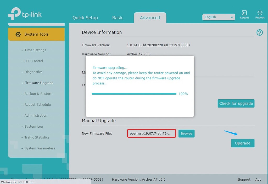 Simply upgraded to OpenWrt 19.07.7 through TP-LINK web-ui - Installing ...