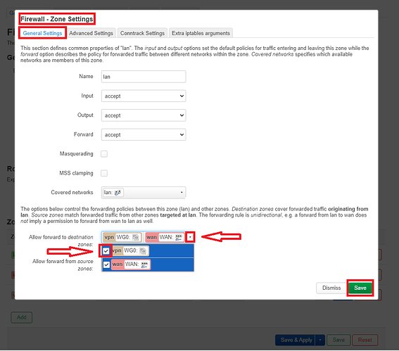 Wireguard Configuration Step XIV (Check off the vpn to add it to Destination Zones & SAVE)