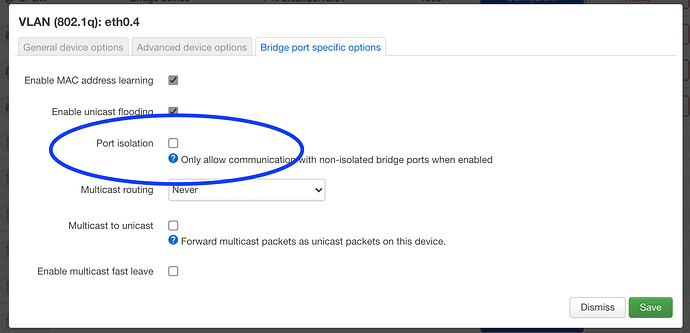 Screenshot of VLAN device "Bridge port specific" options with a checkbox for Port isolation