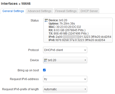 OpenWrt WAN6 interface General Settings