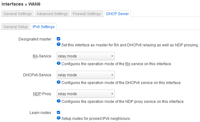 OpenWrt WAN6 interface DHCP IPv6 Settings